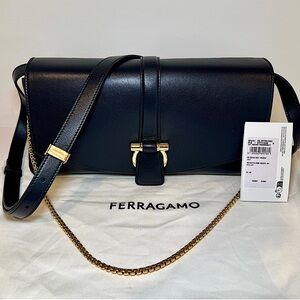 NWT Salvatore Ferragamo F-Show Black Leather Medium Shoulder Bag W Gold Hardware